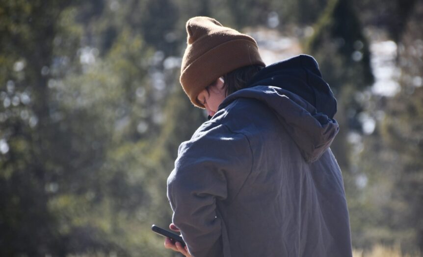 a person standing in a field looking at a cell phone