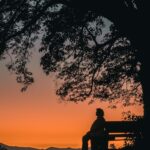 silhouette of man sitting on bench during sunset