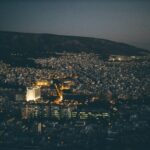 aerial view of city buildings during night time