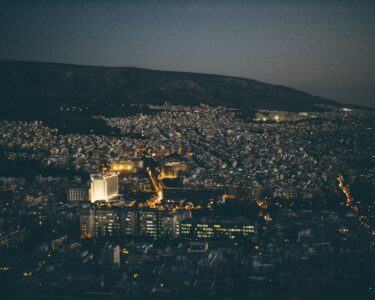 aerial view of city buildings during night time