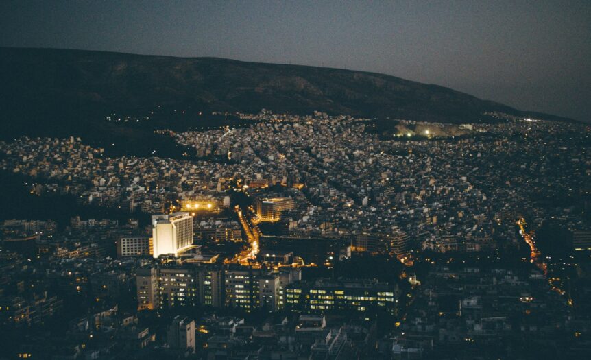 aerial view of city buildings during night time