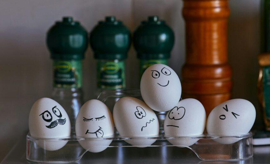 white and black eggs on glass rack