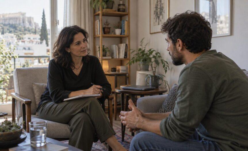 Ανθρώπινη θεραπευτική σχέση και τεχνητή νοημοσύνη στην ψυχική υγεία — εικονογραφική σκηνή συμβουλευτικής