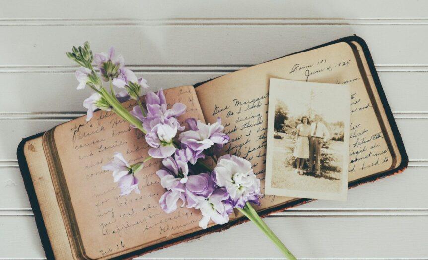 purple flowers on brown open book